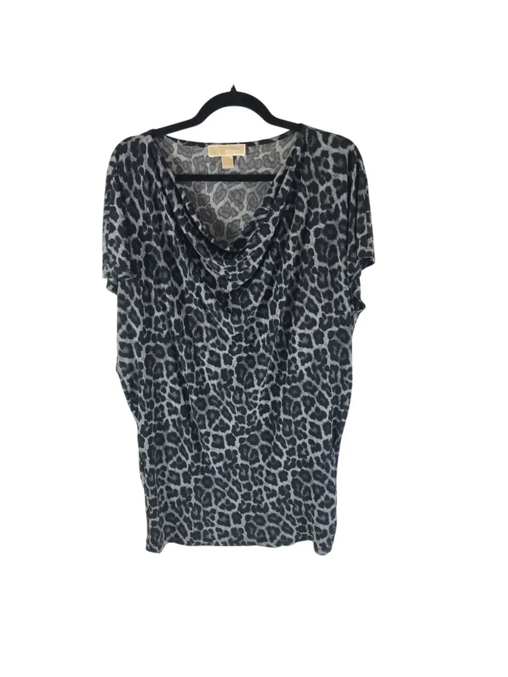 Michael Kors Shift Dress Waterfall Neckline Short Sleeve Leopard Print Gray S